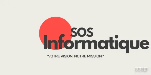 Logo SOS Informatique avec un cercle rouge et le texte « SOS Informatique » suivi de la devise « VOTRE VISION, NOTRE MISSION. »